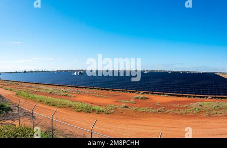 The large solar panel farm Nyngan in northwest New South Wales, Australia, covers 288Ha of land and produces 233,000 megawatt hours of power annually Stock Photo