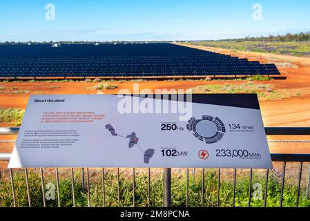 The large solar panel farm Nyngan in northwest New South Wales, Australia, covers 288Ha of land and produces 233,000 megawatt hours of power annually Stock Photo