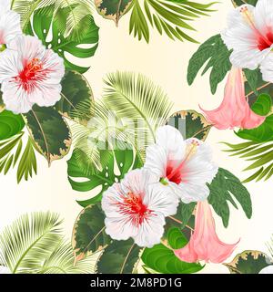 Seamless texture tropical flowers  floral arrangement, with   white hibiscus and Brugmansia  palm,philodendron  vintage vector illustration  editable Stock Vector