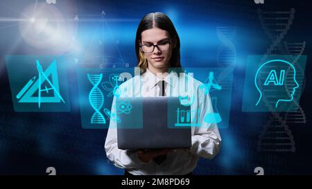 Young male using laptop ai for learning getting online education Stock Photo