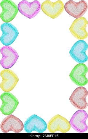 Romantic Frame of Pastel Colored Heart Shaped Marshmallow Candies on white background Stock Photo