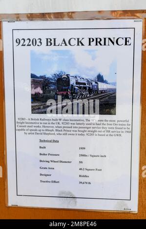 A public display notice of the British Railways built 92203 Black Prince 9F class locomotive at Toddington railway stations in the Cotswolds in Britain Stock Photo