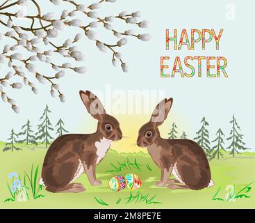 Spring landscape forest Easter  hares  and easter eggs in the grass with flowers vintage vector illustration editable hand draw Stock Vector