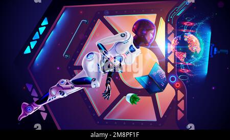 Female astronaut in spacesuit hovers in weightlessness inside spaceship against background of porthole. Woman cosmonaut works with control panel of sp Stock Vector