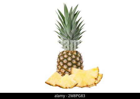 Whole juicy fresh pineapple. Pieces of pineapple half, quarter. Isolated. Stock Photo