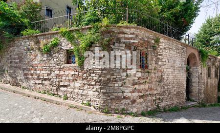 Old abandoned building, with weathered stone wall, and wrought iron windows, partially covered with climber plants, in a narrow alley with cobblestone floor, Balat district, Istanbul, Turkey Stock Photo