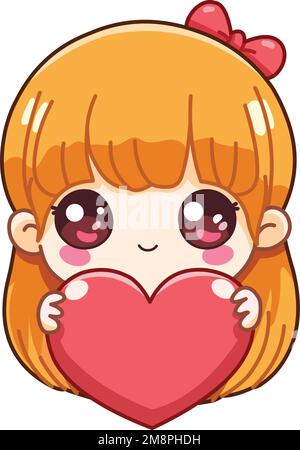 Cute little girl holding a big heart in a chibi style Stock Vector