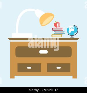 Amazing study table with lamp, books and world globe Stock Vector
