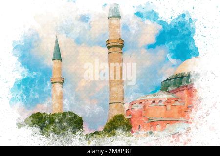 Watercolor art Hagia Sophia minaret,sunny and blue sky,islamic concept Stock Photo