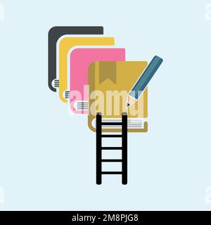 horizontal stack of colored books in isometric with pensile and ladder Stock Vector