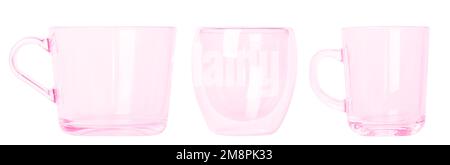 set of pink glass mugs in different sizes Small and large mugs. Empty glass mugs. Stock Photo