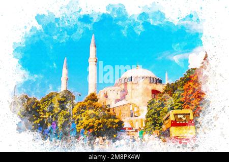 Watercolor art Hagia Sophia minaret,sunny and blue sky,islamic concept Stock Photo