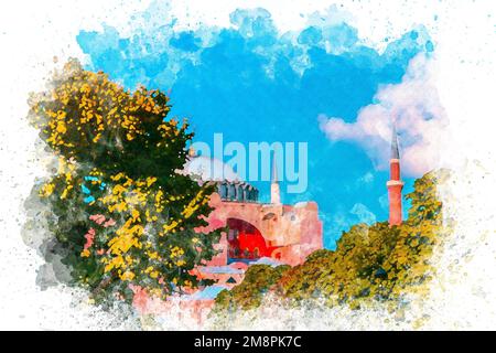 Watercolor art Hagia Sophia minaret,sunny and blue sky,islamic concept Stock Photo