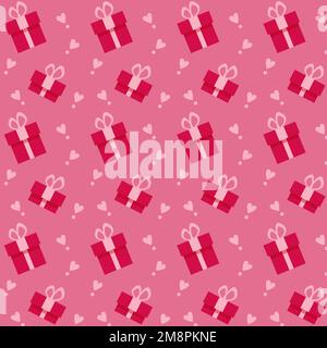 Seamless pattern with red gift boxes and pink hearts on pink background. Vector illustration Stock Vector
