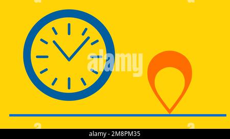 Destination icon. Simple clock icon in blue. Road icon, traffic lanes, time line. Travel time. On a yellow background. Stock Photo