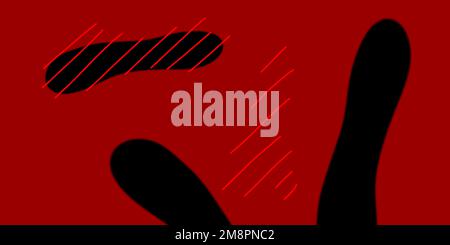Red background with black figures of indefinite form. Strokes. Smooth lines, abstraction. Black Stock Photo