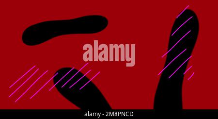 Red background with black figures of indefinite form. Strokes. Smooth lines, abstraction. Black Stock Photo