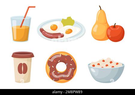 food set fruits glass of coffee scrambled eggs with sausages donut a glass of juice and a bowl of porridge Stock Vector