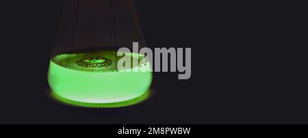 A Laboratory flask glowing in the dark. Alchemy magic potion. Green toxic poison. Glass beaker with a green fluorescent drug Stock Photo