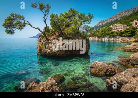 Stunning landscape with clean sea and unique rock island in the Adriatic sea. One of the best beautiful beach in Dalmatia, Brela, Makarska riviera, Cr Stock Photo