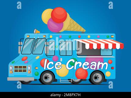 food truck with three-scoop ice cream cone on the roof Stock Vector