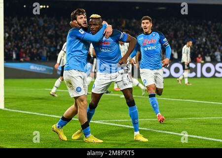 SALERNO, ITALY - JANUARY, 13: Victor Osimhen of SSC Napoli celebrates with Khvicha Kvaratskhelia after scoring a goal during the Serie A match between Stock Photo