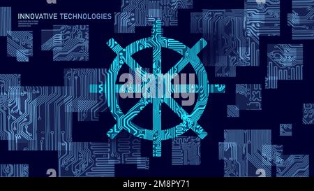 Wheel helm computer developer app concept. Business digital open source program. Data coding steering 3D low polygonal vector line illustration Stock Vector