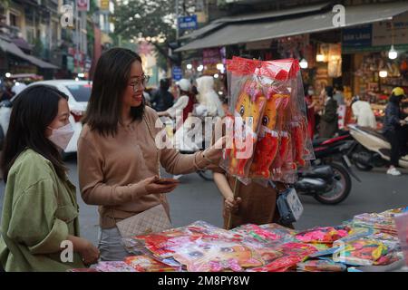 Hanoi, Vietnam. 14th Jan, 2023. People select products with cat element at a market at Hang Ma street in Hanoi, capital of Vietnam, Jan. 14, 2023. As the Lunar New Year approaches, products featuring the image of cat are popping up in the market of Hang Ma street in Hanoi. Cat is the zodiac animal of the upcoming Lunar New Year in Vietnam. Credit: Hu Jiali/Xinhua/Alamy Live News Stock Photo