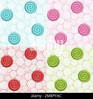 Set of seamless patterns with swirls and candies. Colored vector backgrounds. Stock Vector