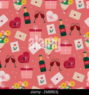 Romantic seamless pattern with envelopes flowers gifts Valentine s Day. Vector background with pink hearts, glasses and a bottle of red wine Stock Vector