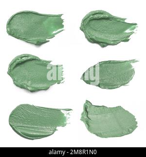 Natural cosmetic face mud samples isolated on white. Set of skin clay smears close up. Stock Photo