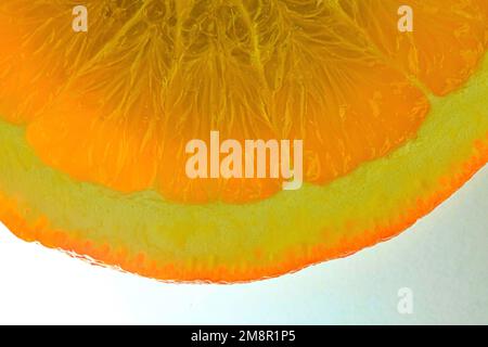 Slice of orange fruit in water on white background. Orange close-up in liquid with bubbles. Slice of red ripe orange in water. Macro image of fruit in Stock Photo