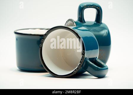 close-up of three blue ceramic glazed coffee cups Stock Photo