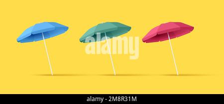 3d illustration of sun umbrella in three colors blue red and green Stock Vector