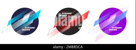 Dynamic geometric speed lines as round badges with diagonal stripes Stock Vector