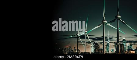 City Skyline with Wind Turbines Illuminated Against Night Sky Stock Photo