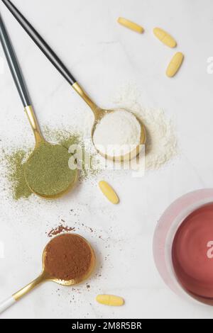Various sources of nutrients. Dietary or nutritional supplements for skin, joints, guts and general health. Stock Photo