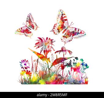 Summer abstract background. Colored flowers and butterflies in watercolor. Vector illustration Stock Vector