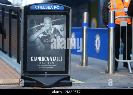 Chelsea, London, UK. 15th January 2023; Stamford Bridge, Chelsea, London, England: Premier League Football, Chelsea versus Crystal Palace; Signs remembering ex player-manager Gianluca Vialli. Credit: Action Plus Sports Images/Alamy Live News Stock Photo