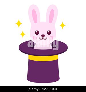 Rabbit in magicians hat, magic trick illustration. Cute bunny inside top hat, isolated cartoon vector drawing. Stock Vector