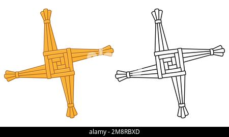 Saint Brigid's cross, Imbolc celebration tradition in Ireland. Handmade straw knot decoration. Vector illustration. Color and black and white outline Stock Vector