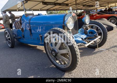 1924 Bugatti 'Lyons' Type 35 in the paddock garage at the 2022 Goodwood Revival, Sussex, UK. Stock Photo