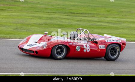 1966 Lola-Chevrolet T70 Spyder with driver Ewen Sergison during the Whitsun Trophy race at the 2022 Goodwood Revival, Sussex, UK. Stock Photo