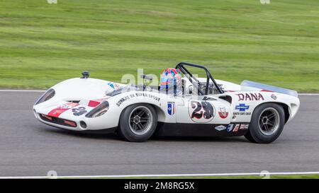 1966 Lola-Chevrolet T70 Spyder with driver Oliver Bryant during the Whitsun Trophy race at the 2022 Goodwood Revival, Sussex, UK. Stock Photo