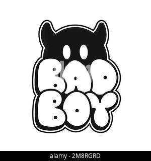 Emoji with devil horns print for t-shirt concept. Bad boy quote. Vector hand drawn doodle line cartoon illustration Stock Vector