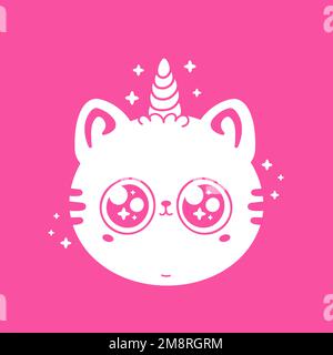 Cute funny little unicorn baby cat face. Vector hand drawn cartoon kawaii character illustration logo icon. Isolated on white background. Pet, unicorn kitty, cat print for logo,t-shirt,poster concept Stock Vector