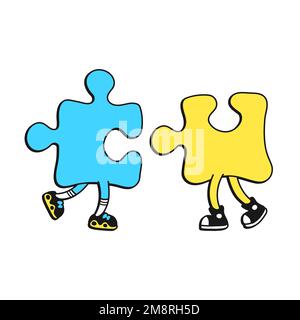 Funny two puzzle pieces. Vector cartoon doodle character illustration logo.Pazzle print for t-shirt,poster art concept Stock Vector