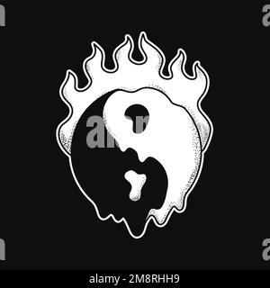 Yin Yang symbol burn in fire t-shirt print.Vector cartoon graphic illustration logo design Stock Vector