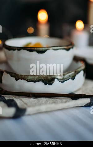 handmade ceramics white plates and bowl Stock Photo