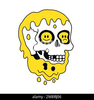 Melt distortion smile face skull inside. Vector hand drawn doodle line cartoon character illustration. Smile emoji face,skull in head print for t-shirt, poster,sticker,cover,card concept Stock Vector
